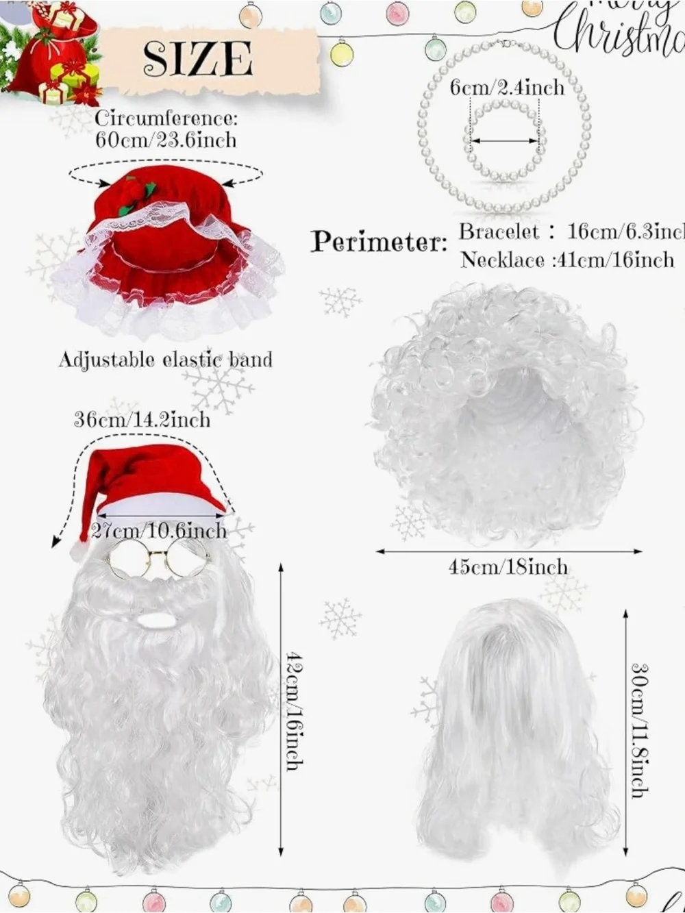 11 piece Claus Costume Set - White Wigs, beard, Eyeglasses and more
